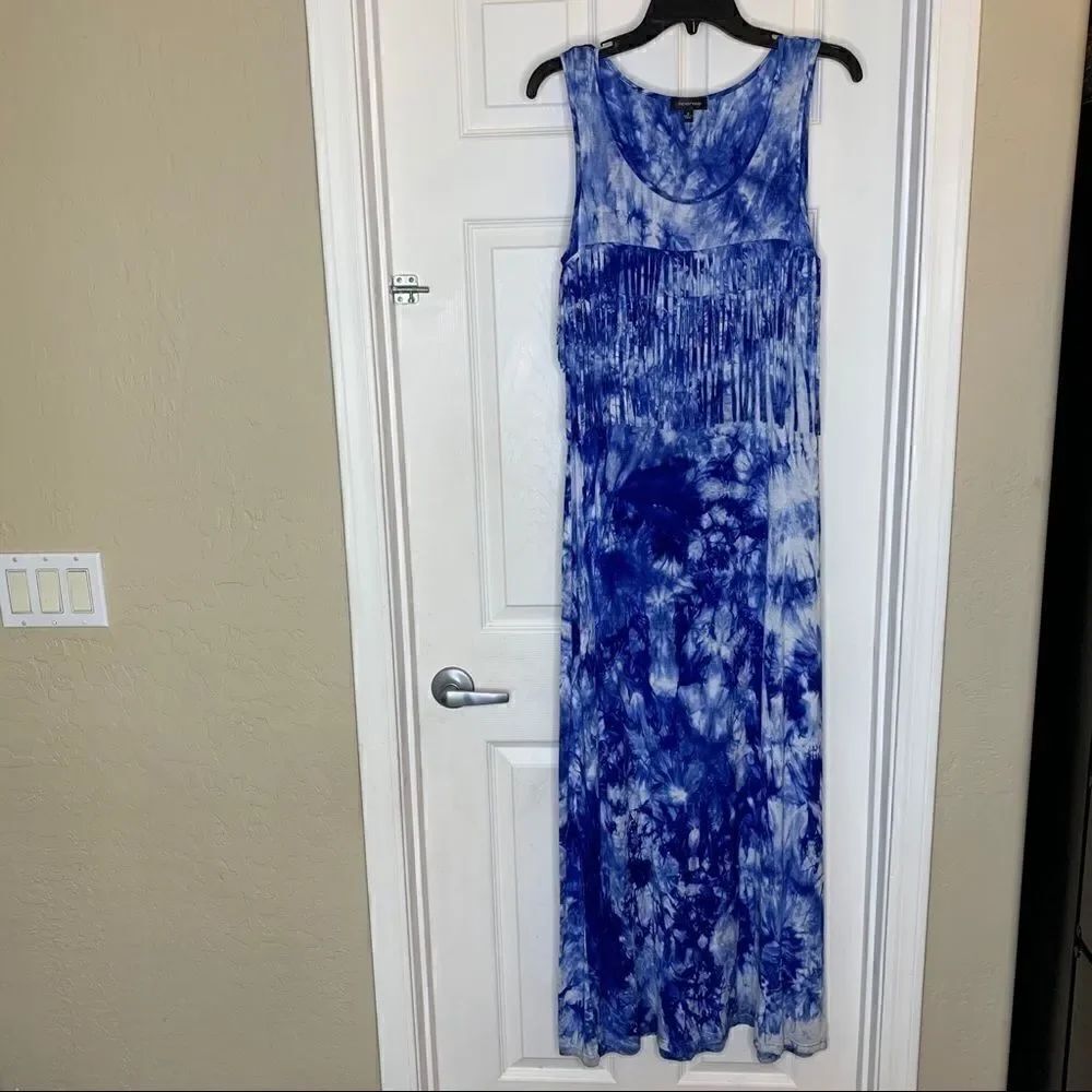 Spense Blue And White Fringe Maxi Dress Tye-Dyed